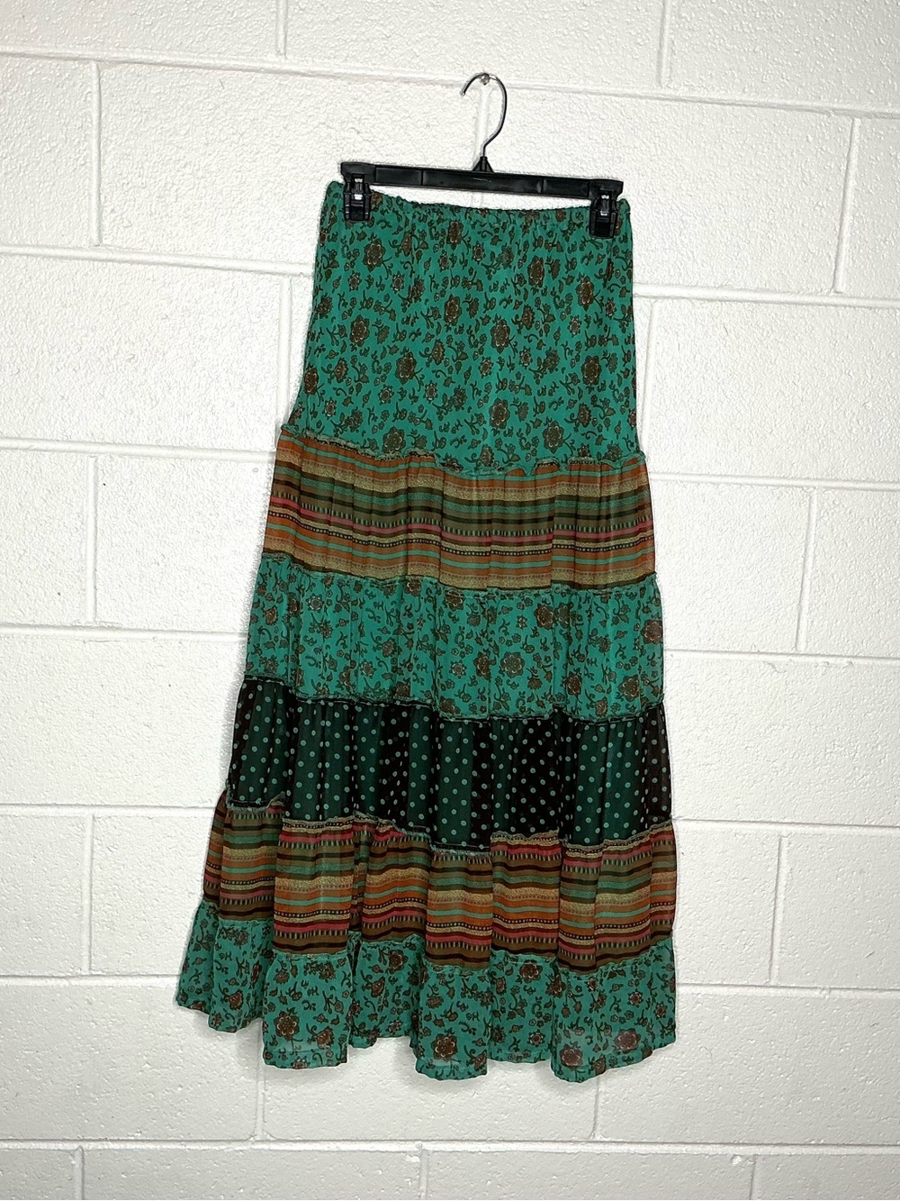 < GoodClothes Multi-Patterned Green Tiered Maxi Skirt Made In India >
